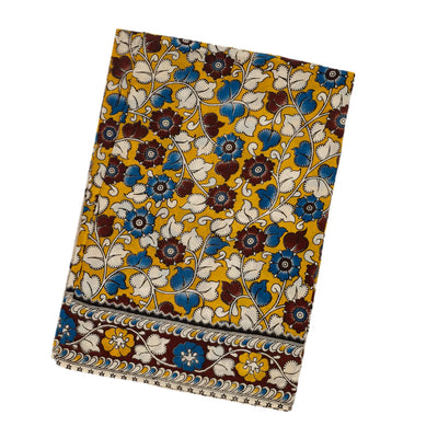 Mustard Handloom Kalamkari Cotton Saree With Printed Floral Motifs