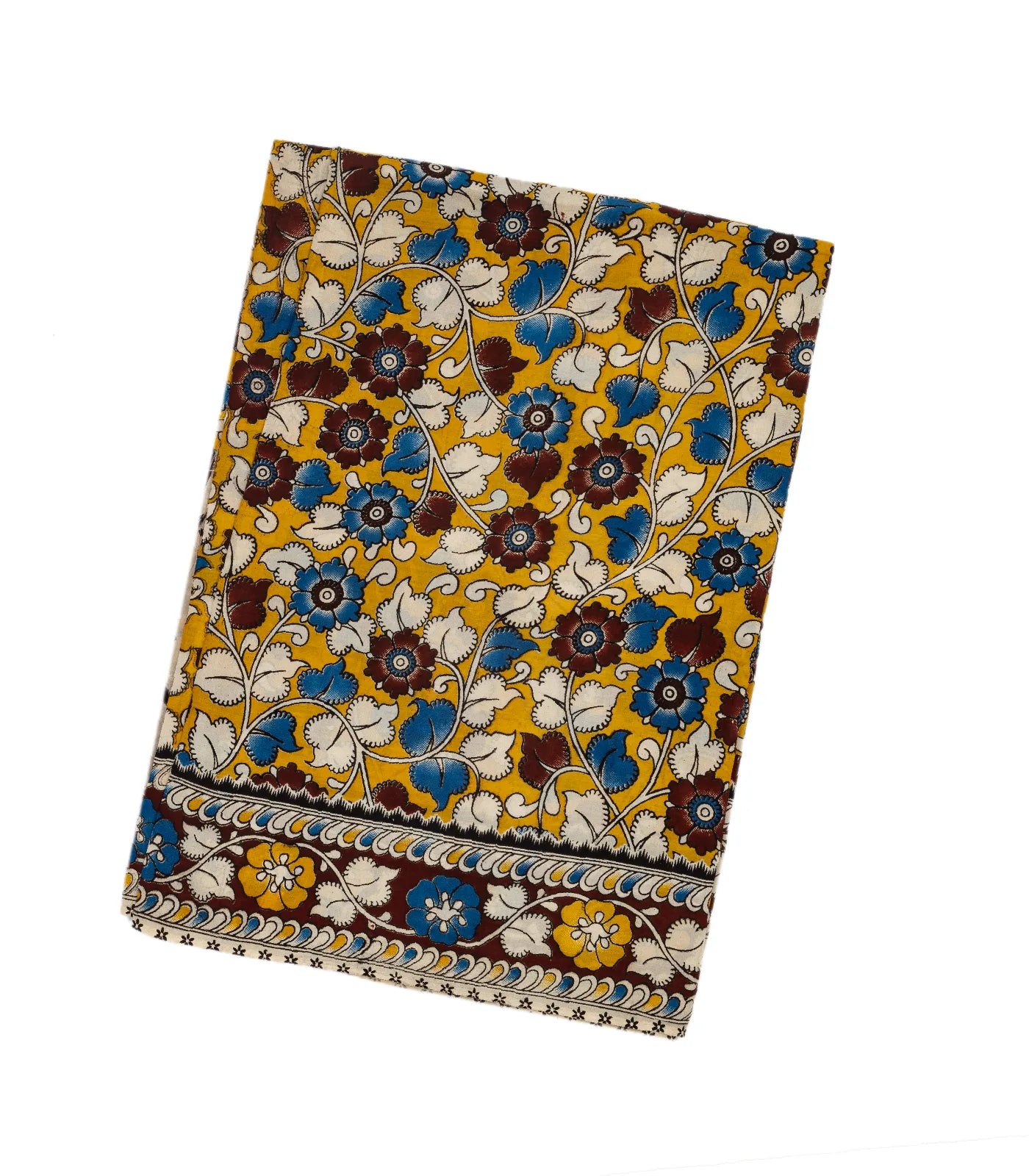 Mustard Handloom Kalamkari Cotton Saree With Printed Floral Motifs