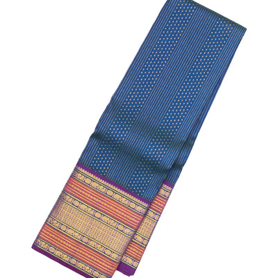 Peacock Blue Handloom Kanchipuram Silk Saree With Stripes & Diamond Motifs