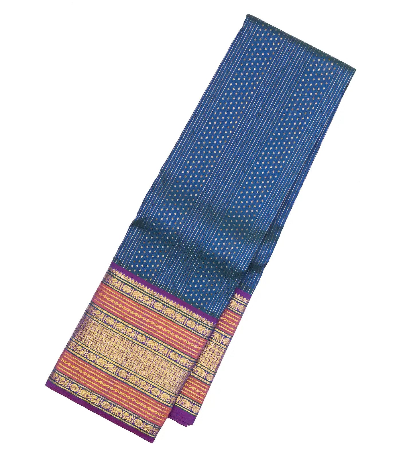 Peacock Blue Handloom Kanchipuram Silk Saree With Stripes & Diamond Motifs