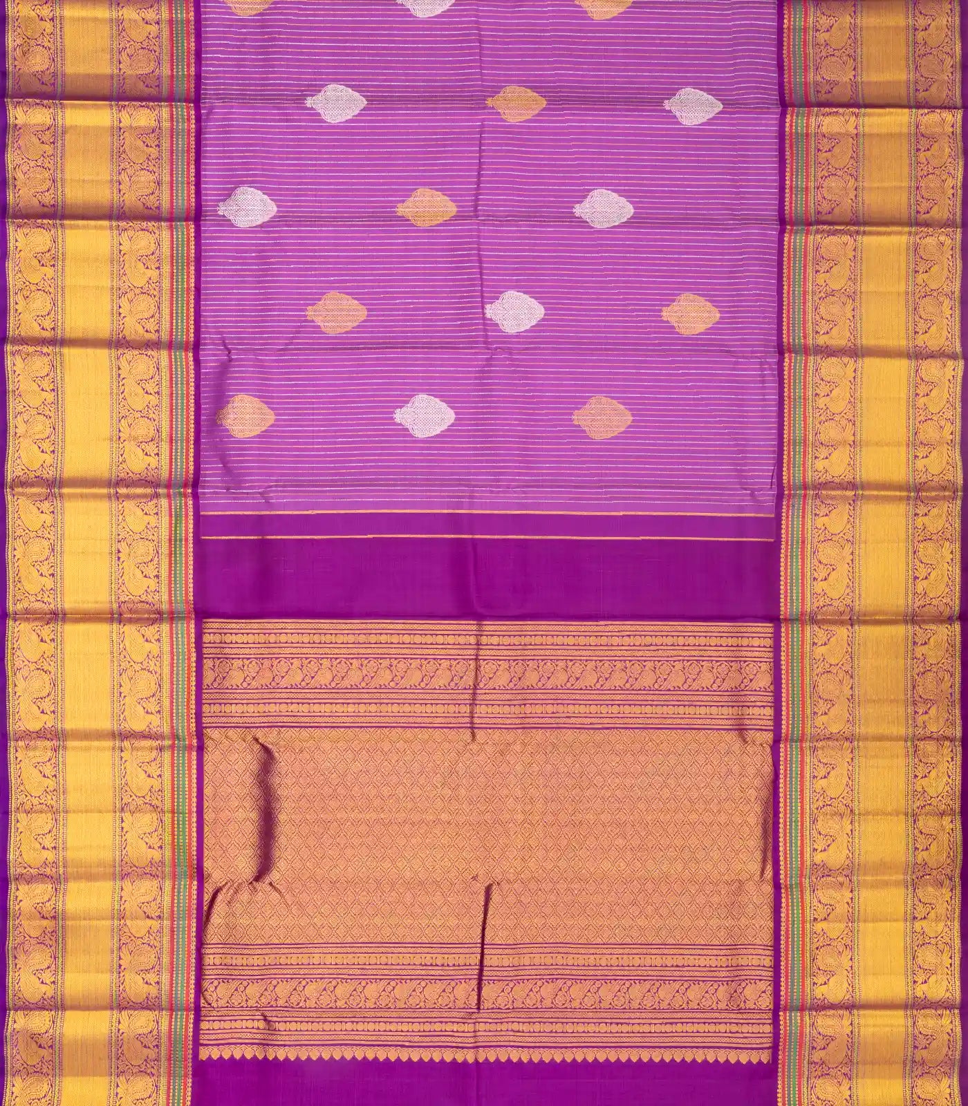 Lavender Handloom Kanchipuram Silk Saree With Stripes & Buttas