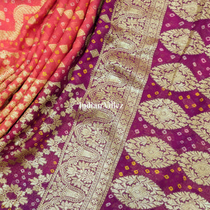 Peach Magenta Pure  Khaddi Georgette Banarasi Bandhani Silk Saree