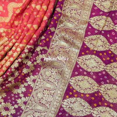 Peach Magenta Pure  Khaddi Georgette Banarasi Bandhani Silk Saree