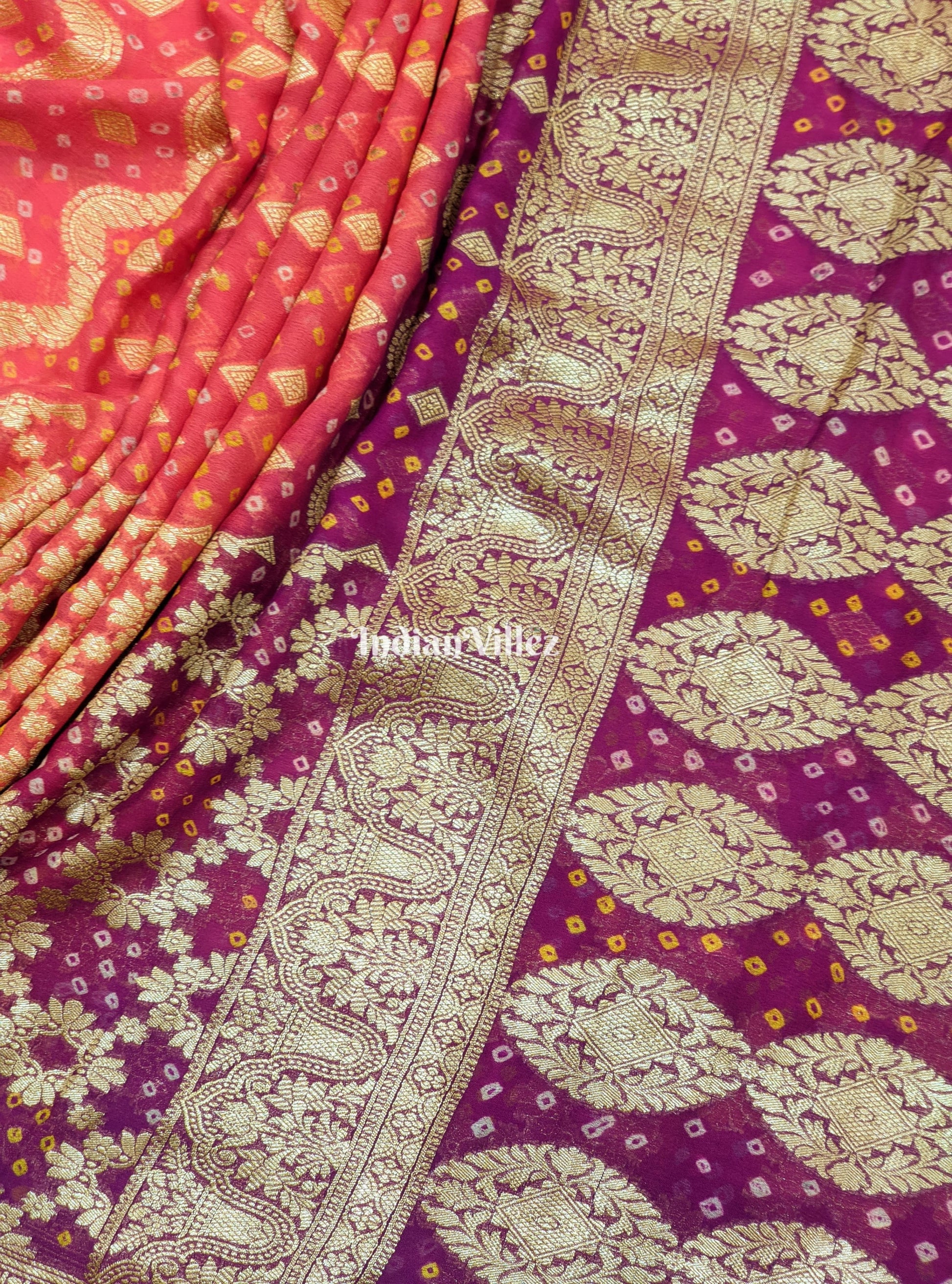 Peach Magenta Pure  Khaddi Georgette Banarasi Bandhani Silk Saree