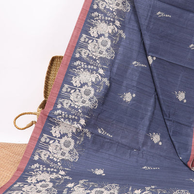 Blue floral digital printed semi-banaras tussar saree with contrast plain border