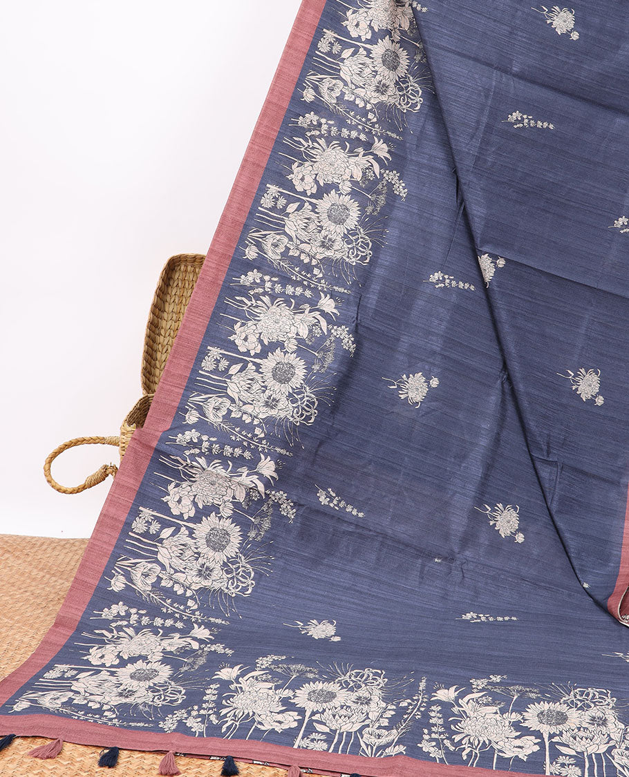 Blue floral digital printed semi-banaras tussar saree with contrast plain border