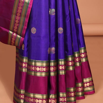 Blue zari buttas silk saree, contrast jaal pallu & rettai pettu border of rekku,Muthu,banaras & mayil poun