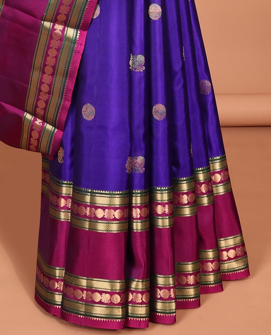 Blue zari buttas silk saree, contrast jaal pallu & rettai pettu border of rekku,Muthu,banaras & mayil poun