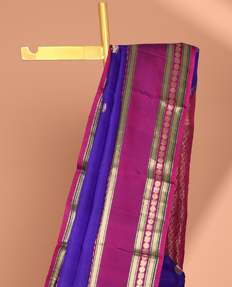 Blue zari buttas silk saree, contrast jaal pallu & rettai pettu border of rekku,Muthu,banaras & mayil poun