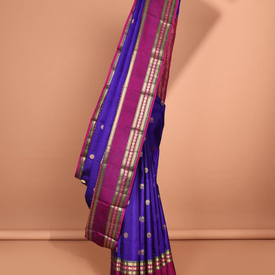 Blue zari buttas silk saree, contrast jaal pallu & rettai pettu border of rekku,Muthu,banaras & mayil poun