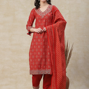 Ethnic Printed Zari, Sequins & Mirror Embroidered Kurta with Pants & Dupatta - Orange