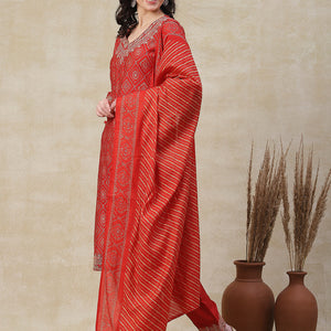 Ethnic Printed Zari, Sequins & Mirror Embroidered Kurta with Pants & Dupatta - Orange
