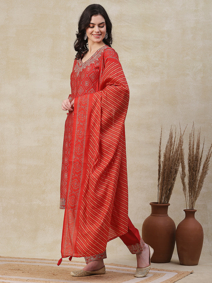 Ethnic Printed Zari, Sequins & Mirror Embroidered Kurta with Pants & Dupatta - Orange