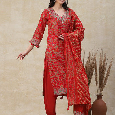 Ethnic Printed Zari, Sequins & Mirror Embroidered Kurta with Pants & Dupatta - Orange