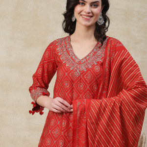 Ethnic Printed Zari, Sequins & Mirror Embroidered Kurta with Pants & Dupatta - Orange