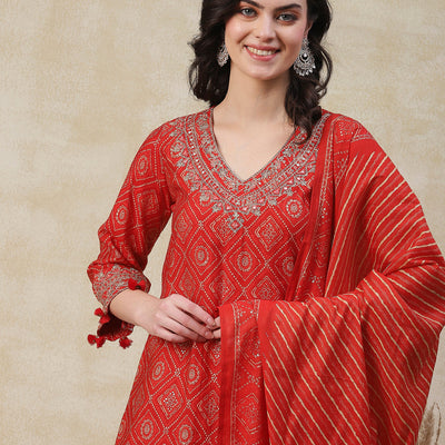 Ethnic Printed Zari, Sequins & Mirror Embroidered Kurta with Pants & Dupatta - Orange