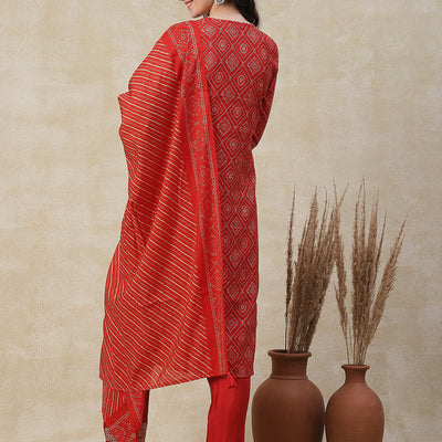 Ethnic Printed Zari, Sequins & Mirror Embroidered Kurta with Pants & Dupatta - Orange
