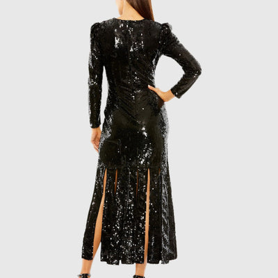 Mac Duggal 24008 Long Sleeve Formal Sequin Tea Length Dress