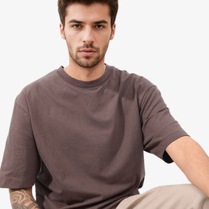 Rare Rabbit Mens Heros Dusky Maroon Cotton Lycra Fabric Blend Drop Shoulder Short Sleeve Oversized Fit Solid T-Shirt