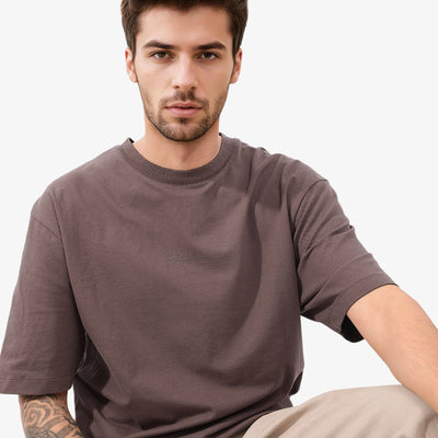 Rare Rabbit Mens Heros Dusky Maroon Cotton Lycra Fabric Blend Drop Shoulder Short Sleeve Oversized Fit Solid T-Shirt