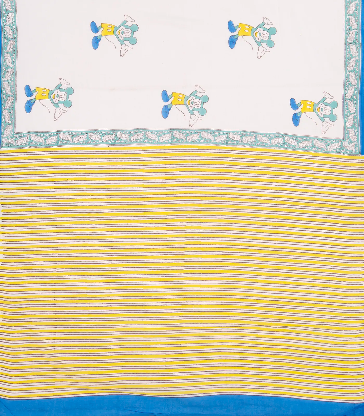 White Woven Jaipur Cotton Saree Printed With Micky Mouse Motifs