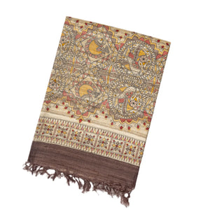 Dark Brown Handloom Tussar Silk Saree With Printed Fish Motifs