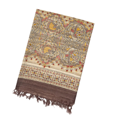 Dark Brown Handloom Tussar Silk Saree With Printed Fish Motifs