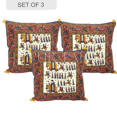 Cream Base Orange Border Rajasthani Barat Print Cotton Cushion cover