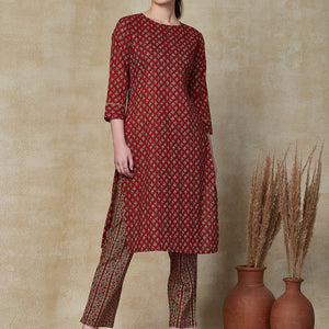 Ethnic Floral Printed Straight Kurta & Pant with Quilted Printed Jacket - Maroon