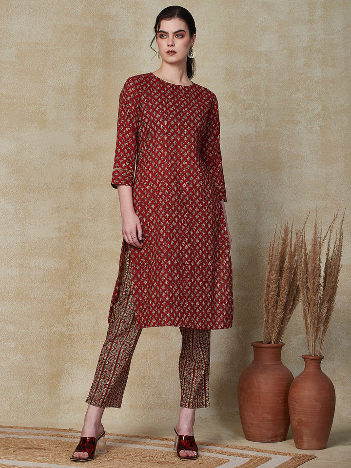 Ethnic Floral Printed Straight Kurta & Pant with Quilted Printed Jacket - Maroon