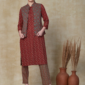 Ethnic Floral Printed Straight Kurta & Pant with Quilted Printed Jacket - Maroon