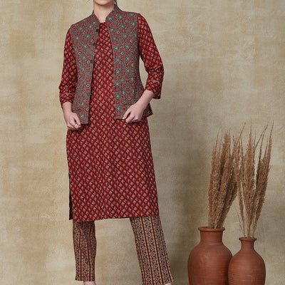 Ethnic Floral Printed Straight Kurta & Pant with Quilted Printed Jacket - Maroon
