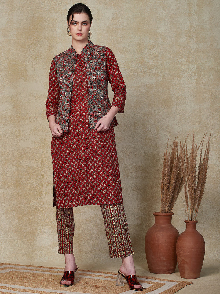 Ethnic Floral Printed Straight Kurta & Pant with Quilted Printed Jacket - Maroon