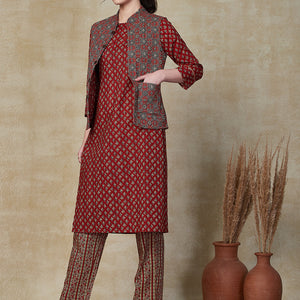 Ethnic Floral Printed Straight Kurta & Pant with Quilted Printed Jacket - Maroon