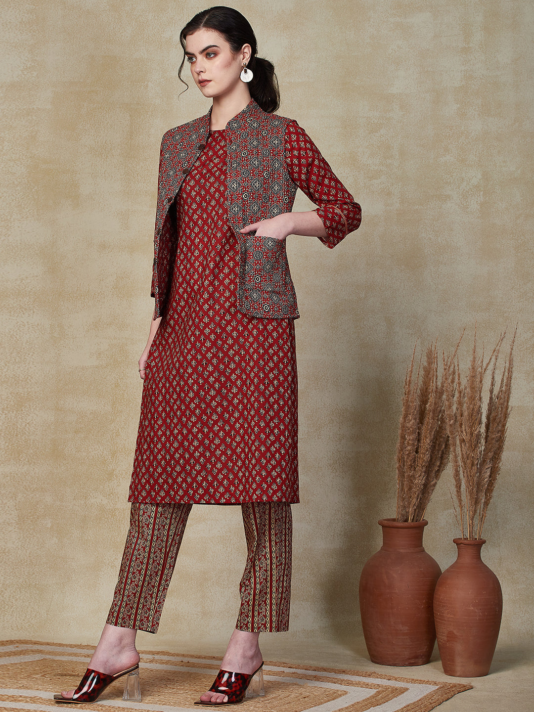 Ethnic Floral Printed Straight Kurta & Pant with Quilted Printed Jacket - Maroon