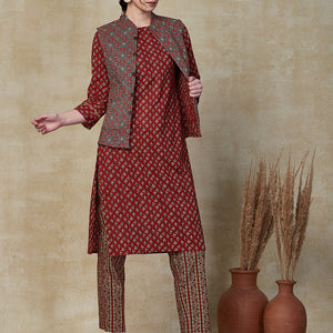 Ethnic Floral Printed Straight Kurta & Pant with Quilted Printed Jacket - Maroon