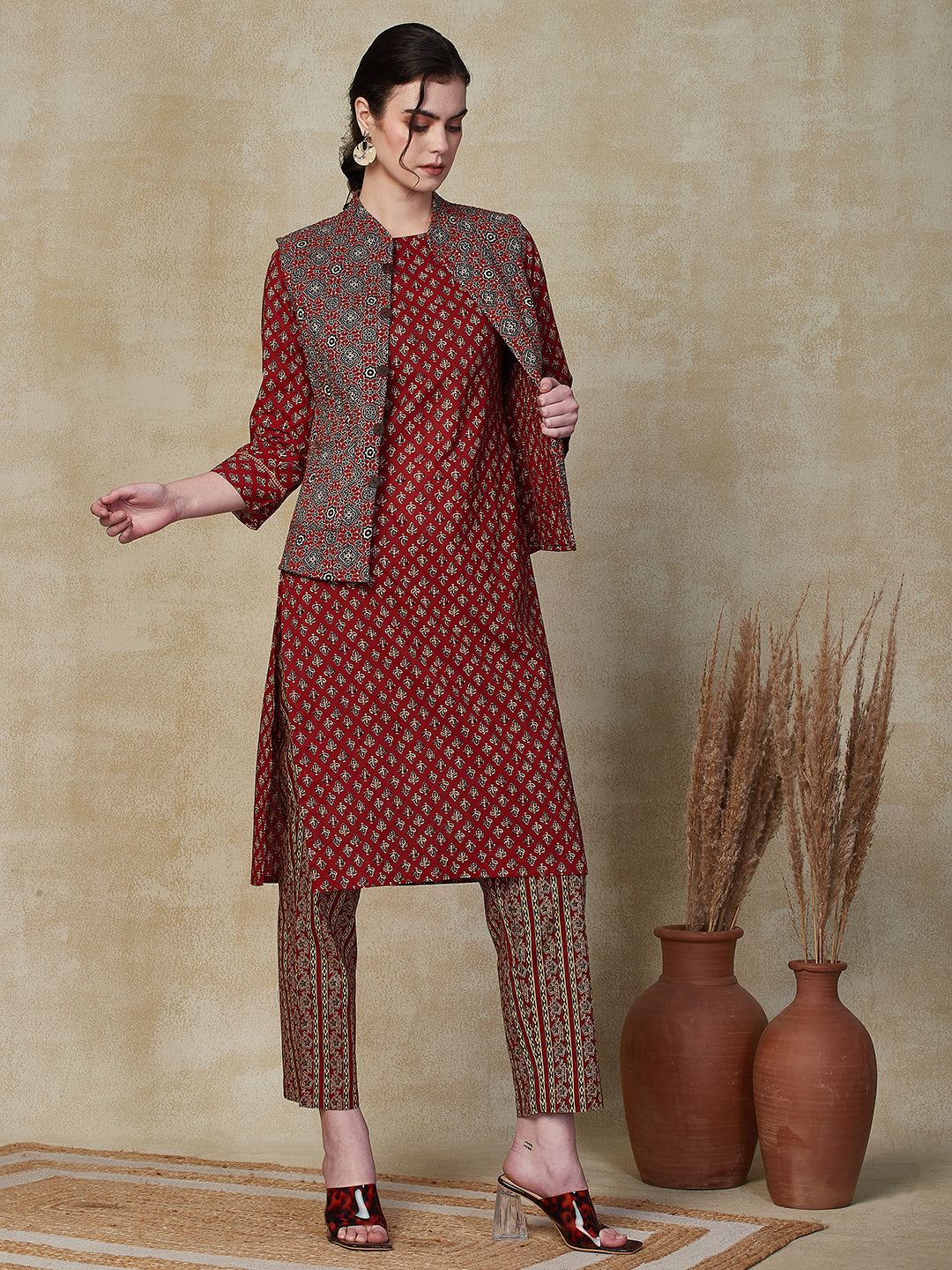 Ethnic Floral Printed Straight Kurta & Pant with Quilted Printed Jacket - Maroon