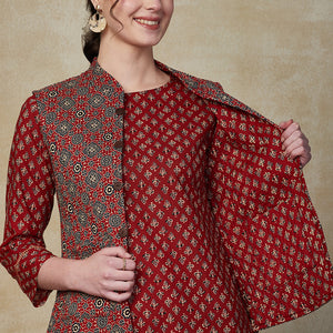 Ethnic Floral Printed Straight Kurta & Pant with Quilted Printed Jacket - Maroon