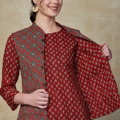 Ethnic Floral Printed Straight Kurta & Pant with Quilted Printed Jacket - Maroon