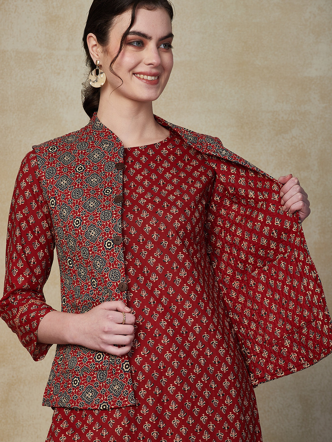 Ethnic Floral Printed Straight Kurta & Pant with Quilted Printed Jacket - Maroon