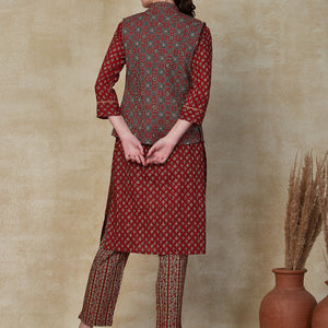 Ethnic Floral Printed Straight Kurta & Pant with Quilted Printed Jacket - Maroon