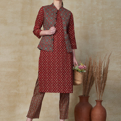 Ethnic Floral Printed Straight Kurta & Pant with Quilted Printed Jacket - Maroon
