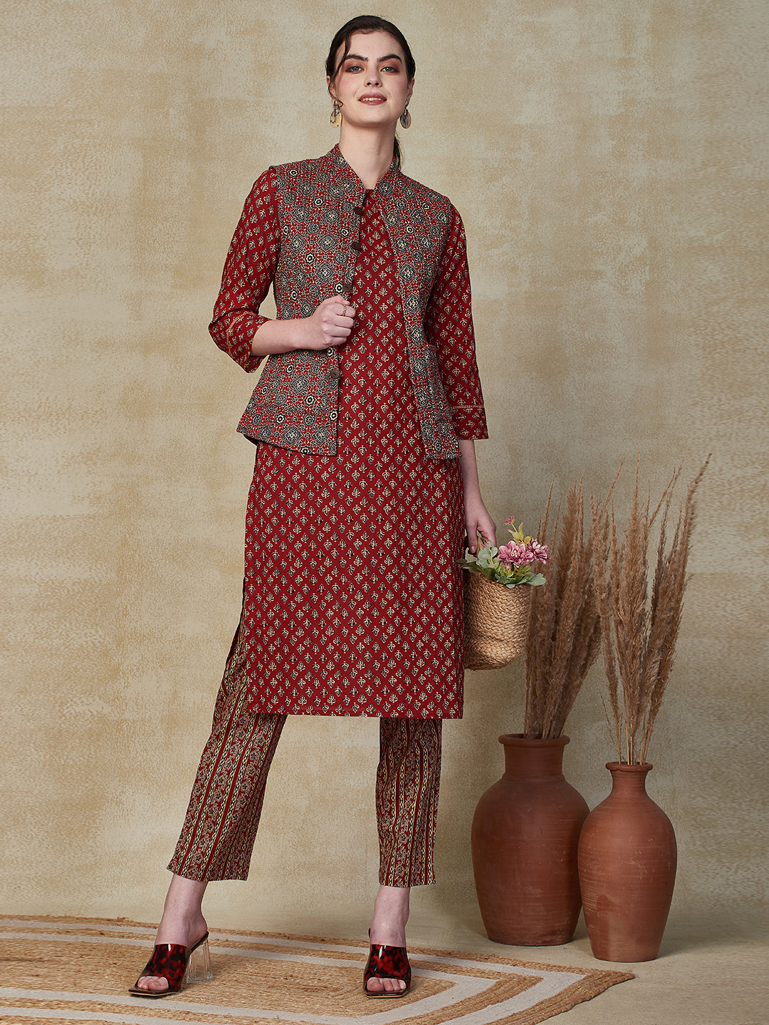 Ethnic Floral Printed Straight Kurta & Pant with Quilted Printed Jacket - Maroon