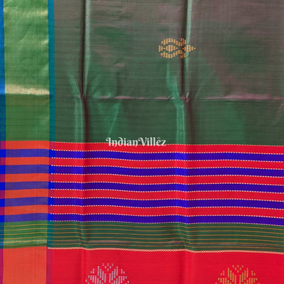 Bottle Green Dual Tone Reddish Orange Handwoven Bishnupuri Silk Saree