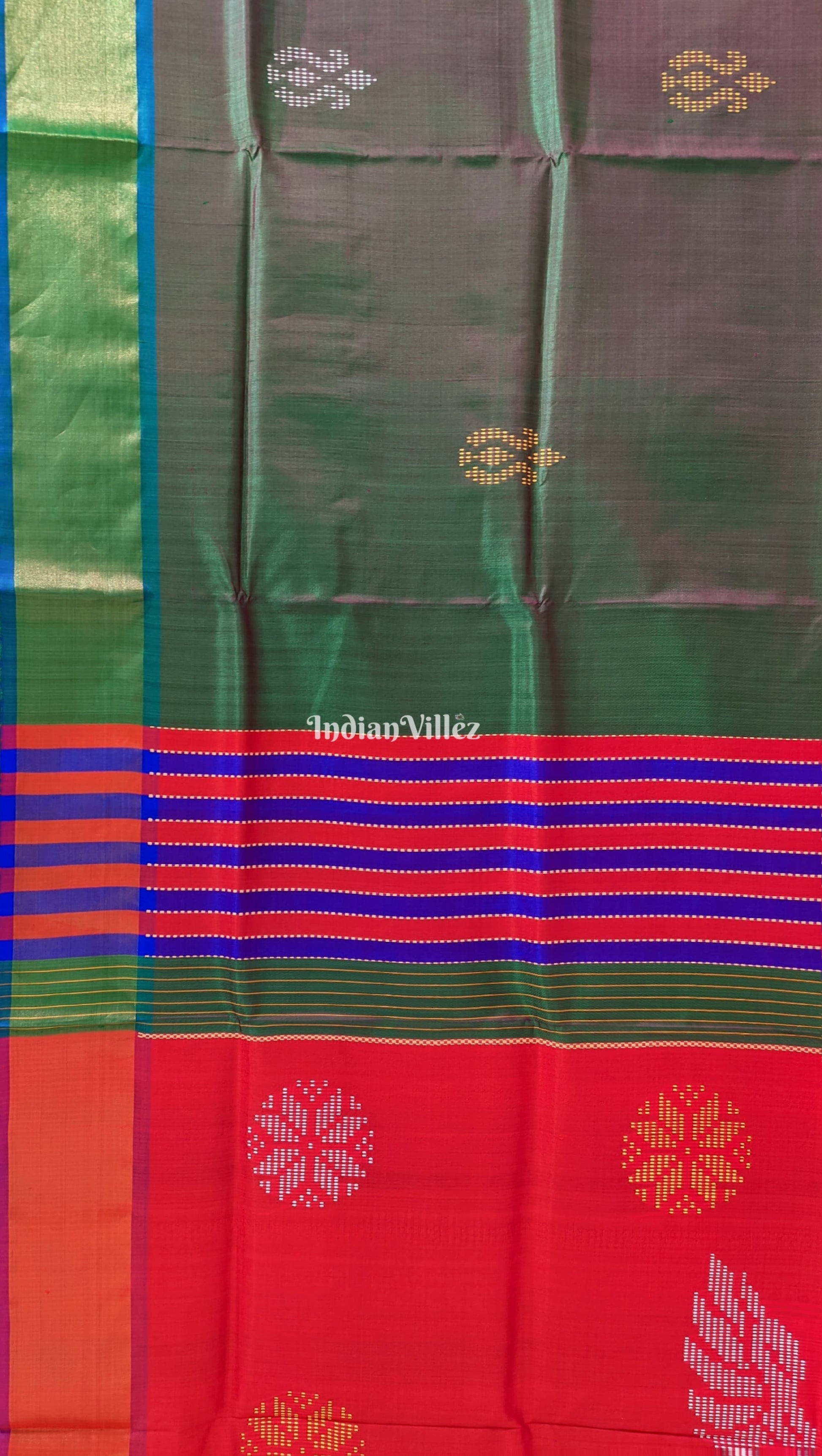 Bottle Green Dual Tone Reddish Orange Handwoven Bishnupuri Silk Saree