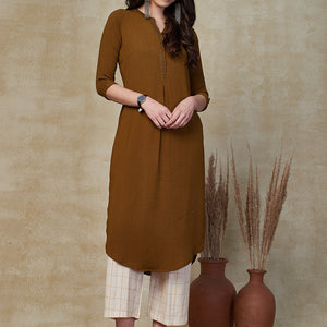 Solid Sequin Embellished Straight Fit Kurta - Khaki