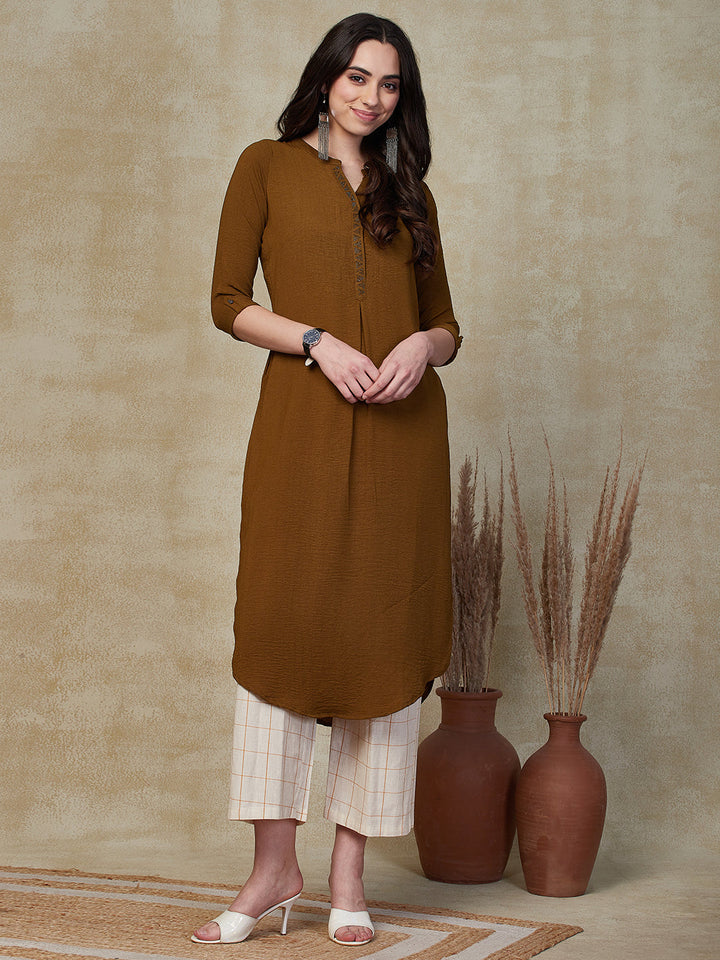 Solid Sequin Embellished Straight Fit Kurta - Khaki