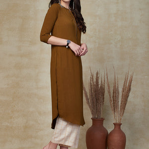 Solid Sequin Embellished Straight Fit Kurta - Khaki