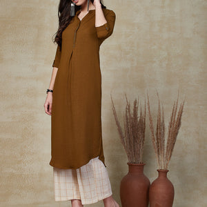 Solid Sequin Embellished Straight Fit Kurta - Khaki