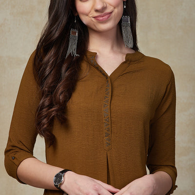 Solid Sequin Embellished Straight Fit Kurta - Khaki